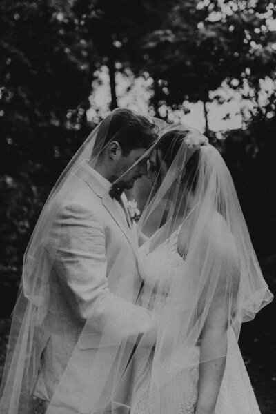 Black and white photo of bride and groom under the bride's veil on Mackinac Island
