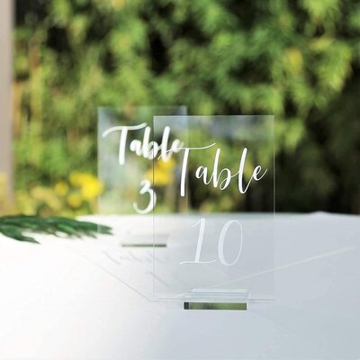 Photo of the Clear Acrylic Table Numbers that you can rent for your event/wedding from Unique Melody Events & Design (New England Wedding and Event Planners)