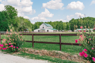 A modern barn venue from the distance through summer flowers by a Wilmington wedding photographer, JoLynn Photography