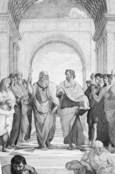 Rafael's School of Athens photo from the Vatican black and white