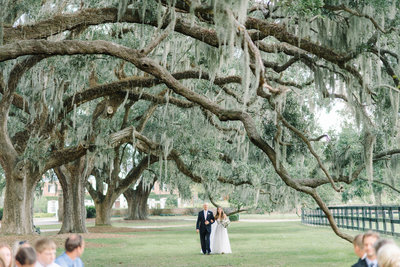 Bride and Dad Walk Down the Aisle Boone Hall Plantation Avenue of Oaks Spanish Moss