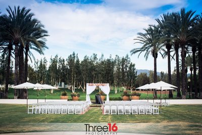 Outdoor wedding ceremony setup at The Bell Tower Community Center in Rancho Santa Margarita