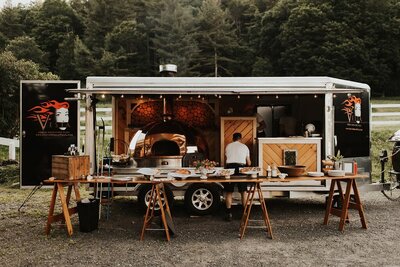 Wood burning pizza-oven food truck at wedding venue, Unique Melody Events & Design (New England Wedding Planners) were part of this wedding.