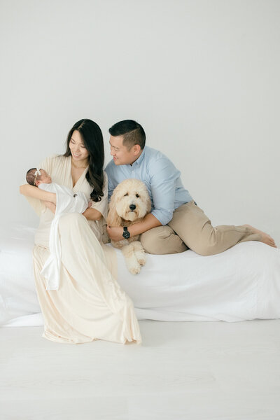 A mom and dad sitting on a bed, mom is holding baby and dad is snuggling with their dog in all white studio by New Jersey baby photographer