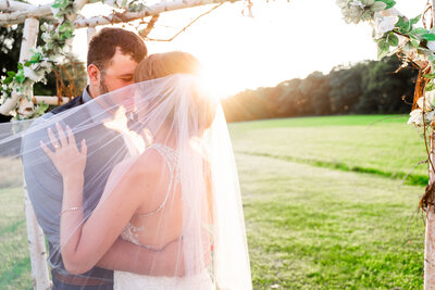 Bride and groom embracing