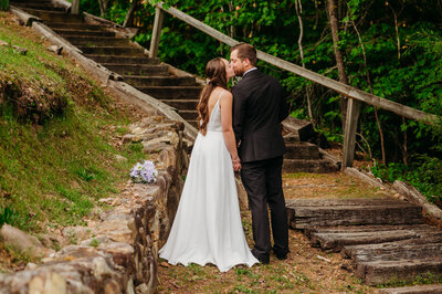 photo of newlyweds holding hands from behind