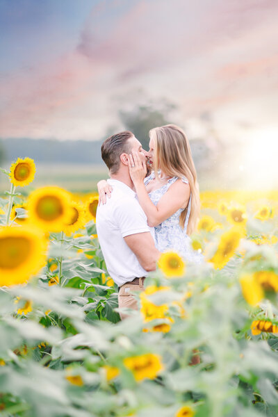 Couple kissing in sunflower field at sunset