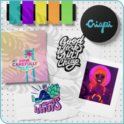 A mood board for Crispi featuring colorful images on a peg board background and a neon color palette at the top