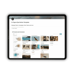 8-Figure Operations Notion system Product mockup for 8-Figure Operations, a Notion operating system with SOPs, project management, and launch planning built for digital product businesses