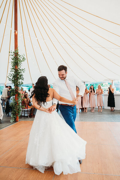 Bride and Groom dancing together at wedding reception, wedding at Connemara House