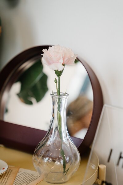 Single pink flower in a clear vase