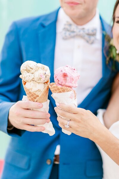 Bride and Groom with Ice Cream Cones at New Water Farms Lake Martin  by Alabama Wedding Photographer Amanda Horne
