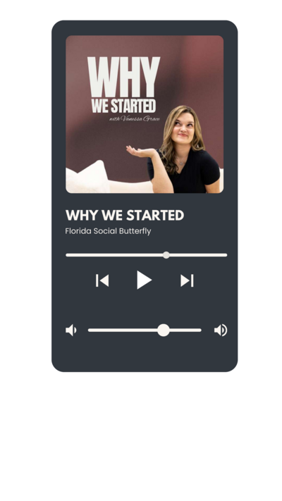 Why we started Podcast promo phone with woman founder of florida social butterfly posing with hand up