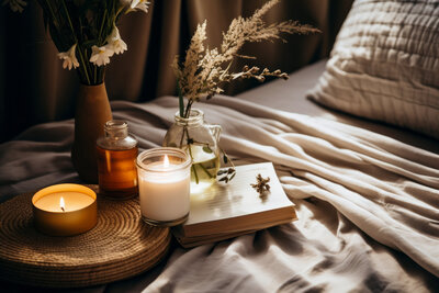candles and dried flowers in bed