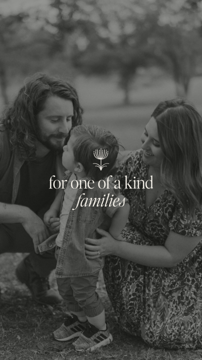 Britni Dean Photography tagline below icon logo on a black and white image of family