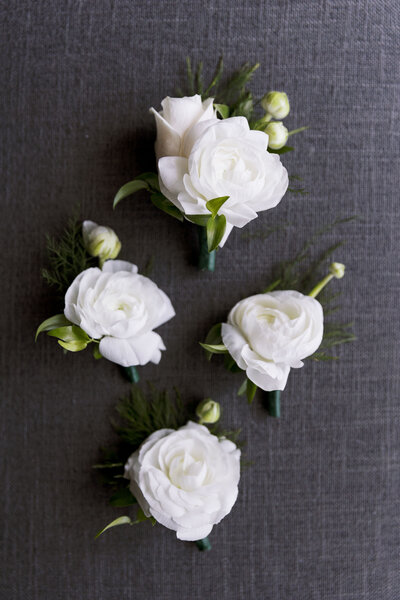 Boutonniere, Floral Flat lay,  white wedding flowers