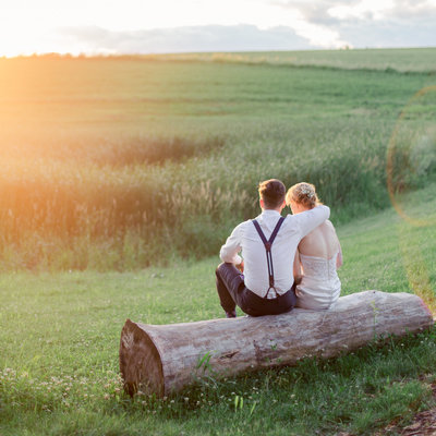 taryn christine photography wedding images for bride and groom in summer backyard wedding sitting on stump looking at farm fields