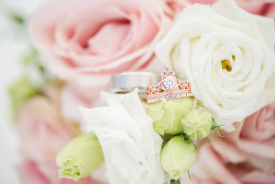 Rose Gold and Silver Wedding Rings and Pink Wedding Flowers