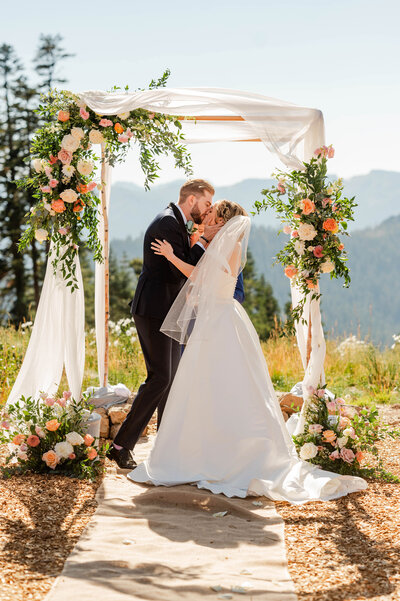 A couple in wedding attire in Lake Tahoe California