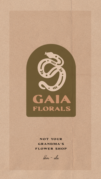 Gaia Florals submark logo above the brand tagline on a tan textured background