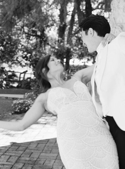 Bride and groom walk up memorial steps at their DC wedding
