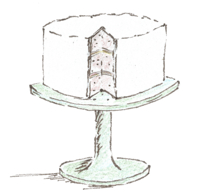 A hand drawn illustration of a cake with a slice taken out of it