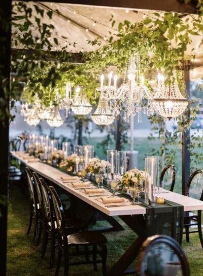 outdoor tented wedding with chandeliers