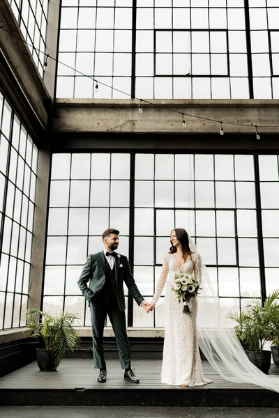 bride and groom inside Toronto warehouse wedding venue