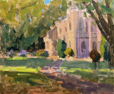Plein air painting by Valerie Pirlot of Chateau Charente in the soft pink morning light