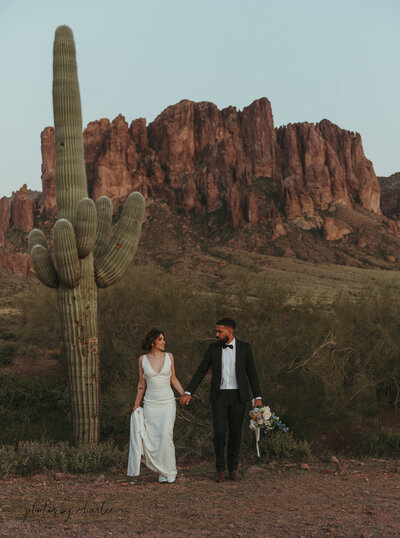 bride and groom holding hands next to a cactus in Arizona
