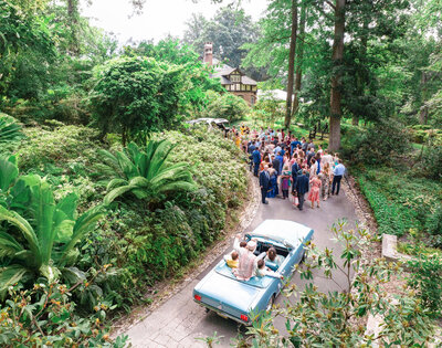 A joyous group of people gathered outdoors on a tree-lined path, celebrating a wedding. A classic blue convertible with the couple inside drives past. In the background, a charming house and lush greenery frame the scene.