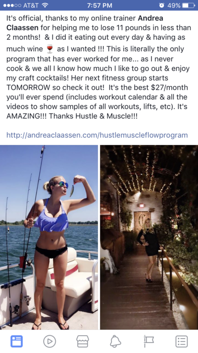 A testimonial from a client who lost 11 pounds wearing a swimsuit showing her results