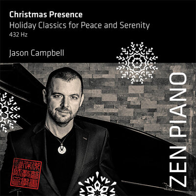 Album Title Christmas Presence Holiday Classics for Peace and Serenity Jason Camobell standing by grand piano black and white image