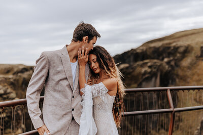 Iceland elopement photographer captures golden hour elopement bride wearing elopement dress