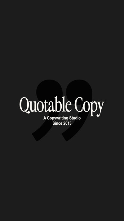 Quotable copy white logo on top of a black quotation mark icon on a black background