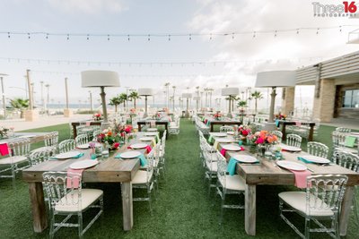 Wedding reception setup on the rooftop of the Pasea Hotel in Huntington Beach
