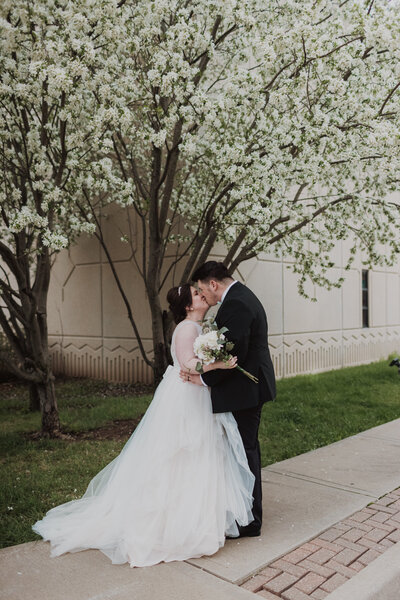 Kansas City Wedding Photographer, bride and groom under spring blooming tree