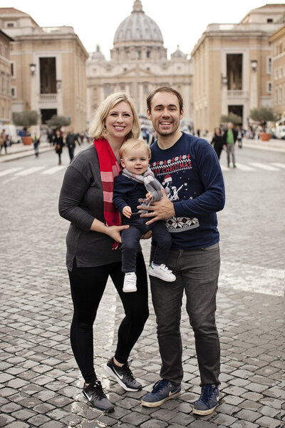 A family of three in front of the Vatican. Taken by Rome Family Photographer, Tricia Anne Photography