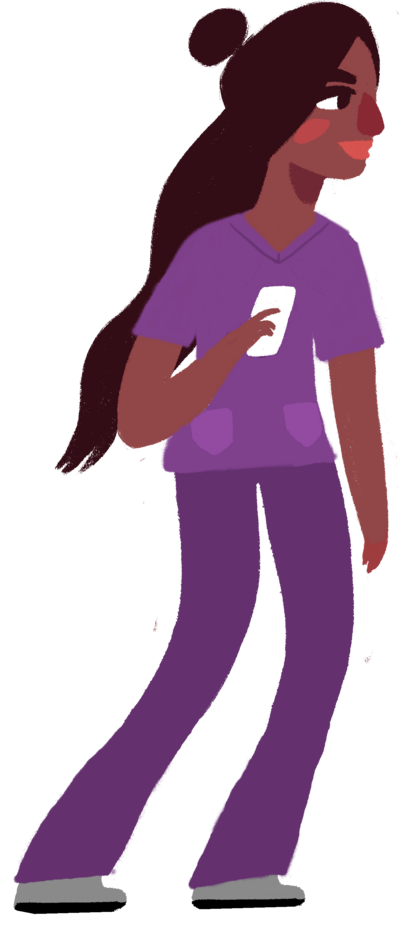 cartoon black nurse in purple scrubs