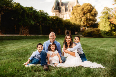 Family sits on the lawn in front of Biltmore Estate for Family Photos in Asheville, NC.