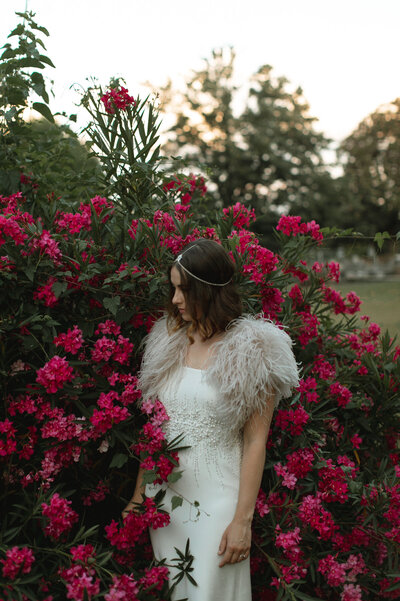 A bride in a bush of hot pink flowers