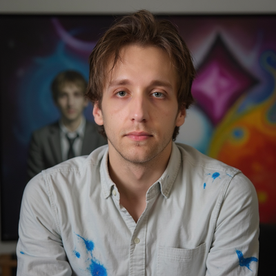 Wedding Photographer Niko Coric sitting in studio with colorful art background