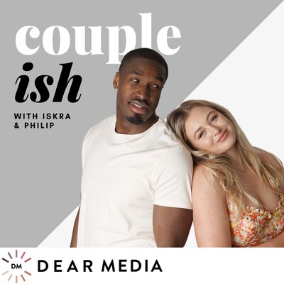 Iskra is leaning onto Philip on the Coupleish podcast cover.