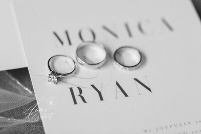 Photo of rings on top of wedding invitation