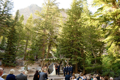 Bride and Groom wedding ceremony at Forest Chapel in mammoth lakes