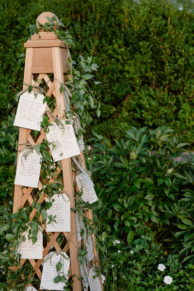 Seating chart on cedar obelisk for wedding at Lion Rock Farm in Connecticut