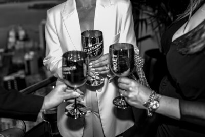 Bride and groom on Auckland rooftop in black and white editorial wedding portrait, photographed by Zanthe Vorsatz.