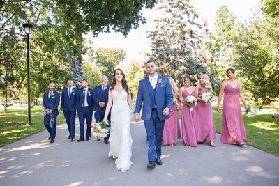 bridal party walking down path at Gage Park in Hamilton