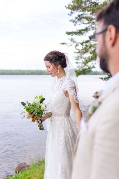 Vintage Styled Bride with lake background