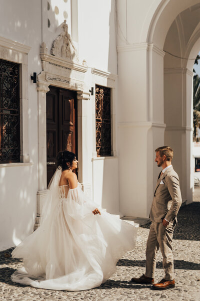 bride and groom walking on path